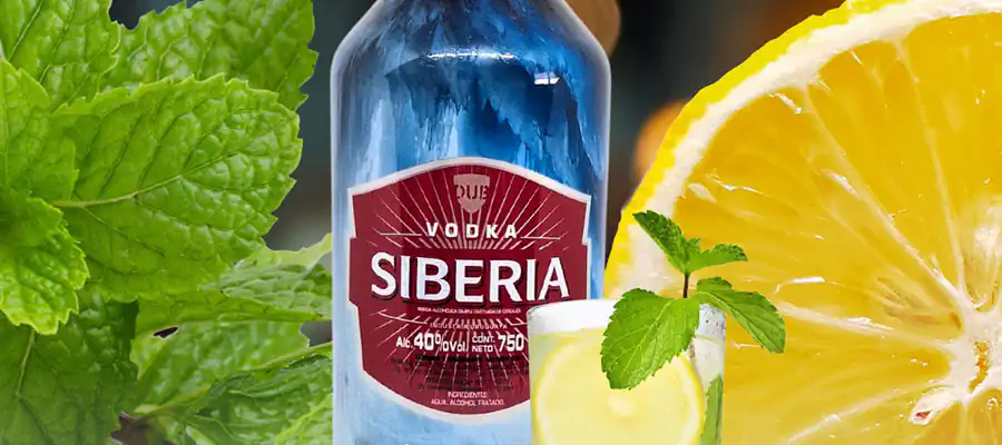 botella de Vodka Siberia con un fondo con hojas de menta y limones